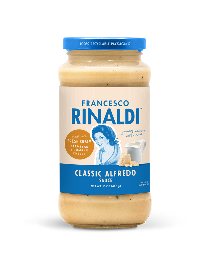 A jar of Francesco Rinaldi Classic Alfredo Sauce.