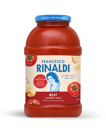 A jar of Francesco Rinaldi Meat Flavored Sauce 45 oz.