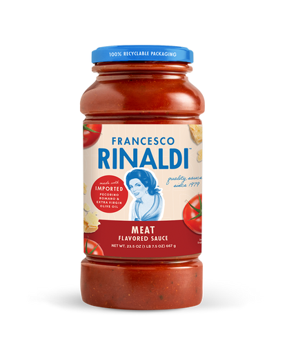 A jar of Francesco Rinaldi Meat Flavored Sauce