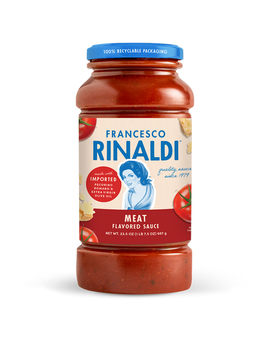 A jar of Francesco Rinaldi Meat Flavored Sauce