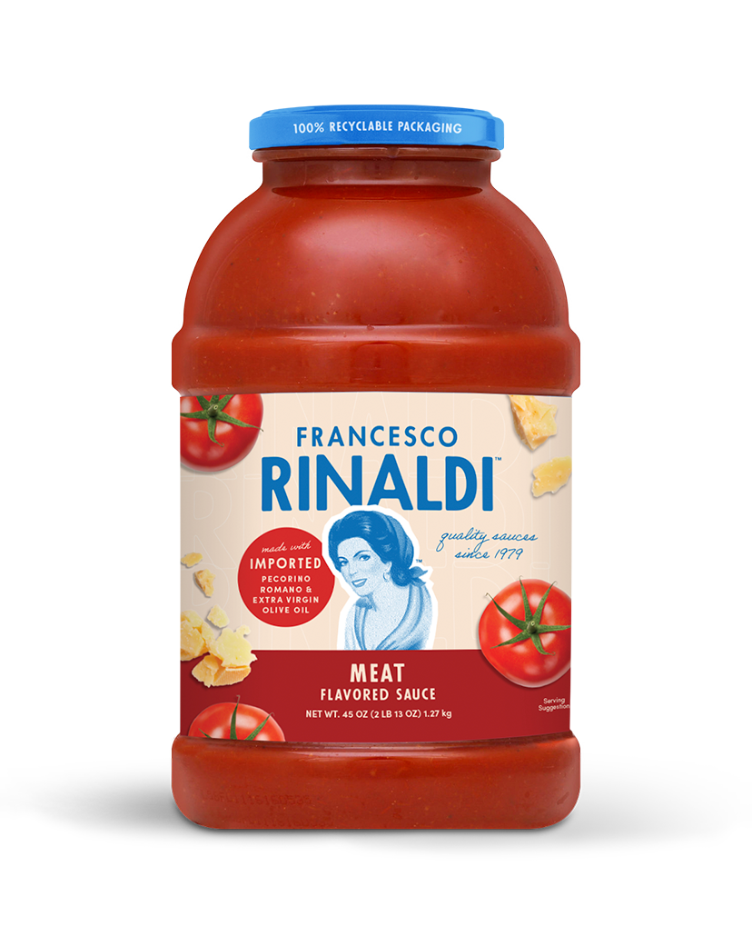 A jar of Francesco Rinaldi Meat Flavored Sauce 45 oz.