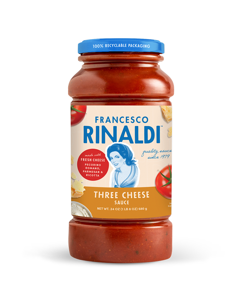 A jar of Francesco Rinaldi Three Cheese Sauce