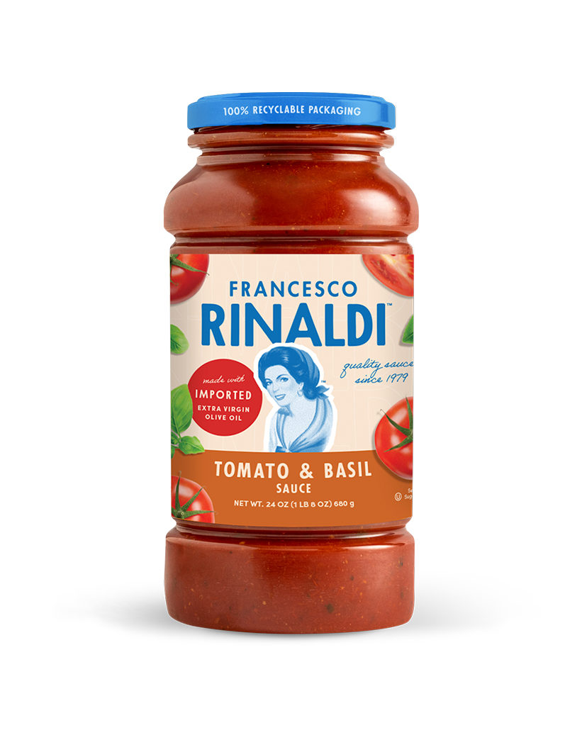 A jar of Francesco Rinaldi Tomato Basil Sauce