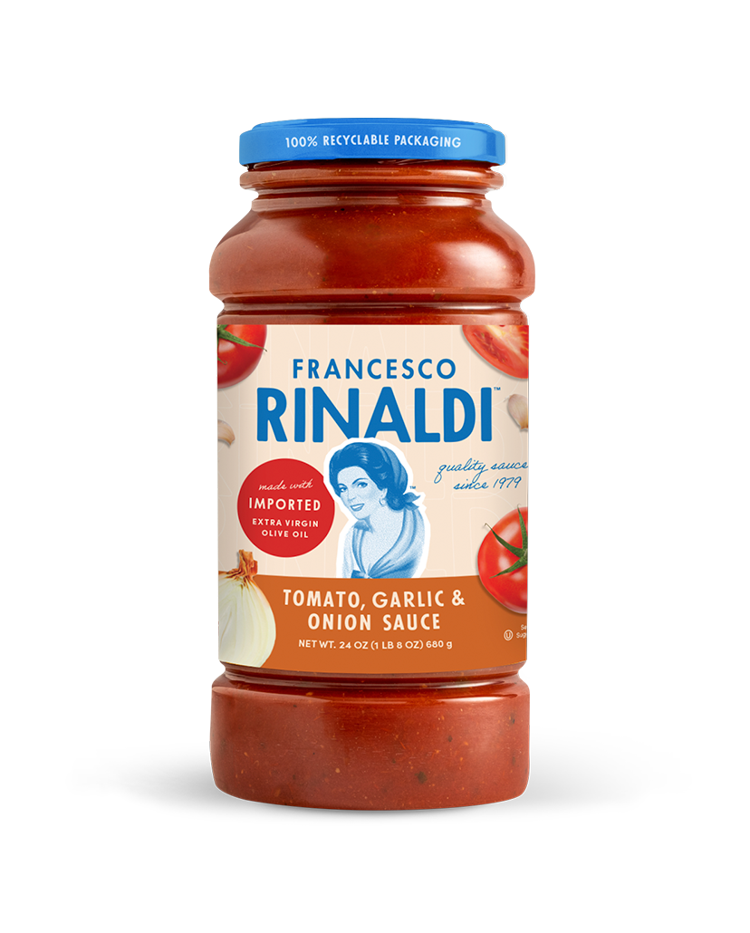 A jar of Francesco Rinaldi Tomato, Garlic & Onion Sauce