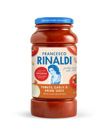A jar of Francesco Rinaldi Tomato, Garlic & Onion Sauce
