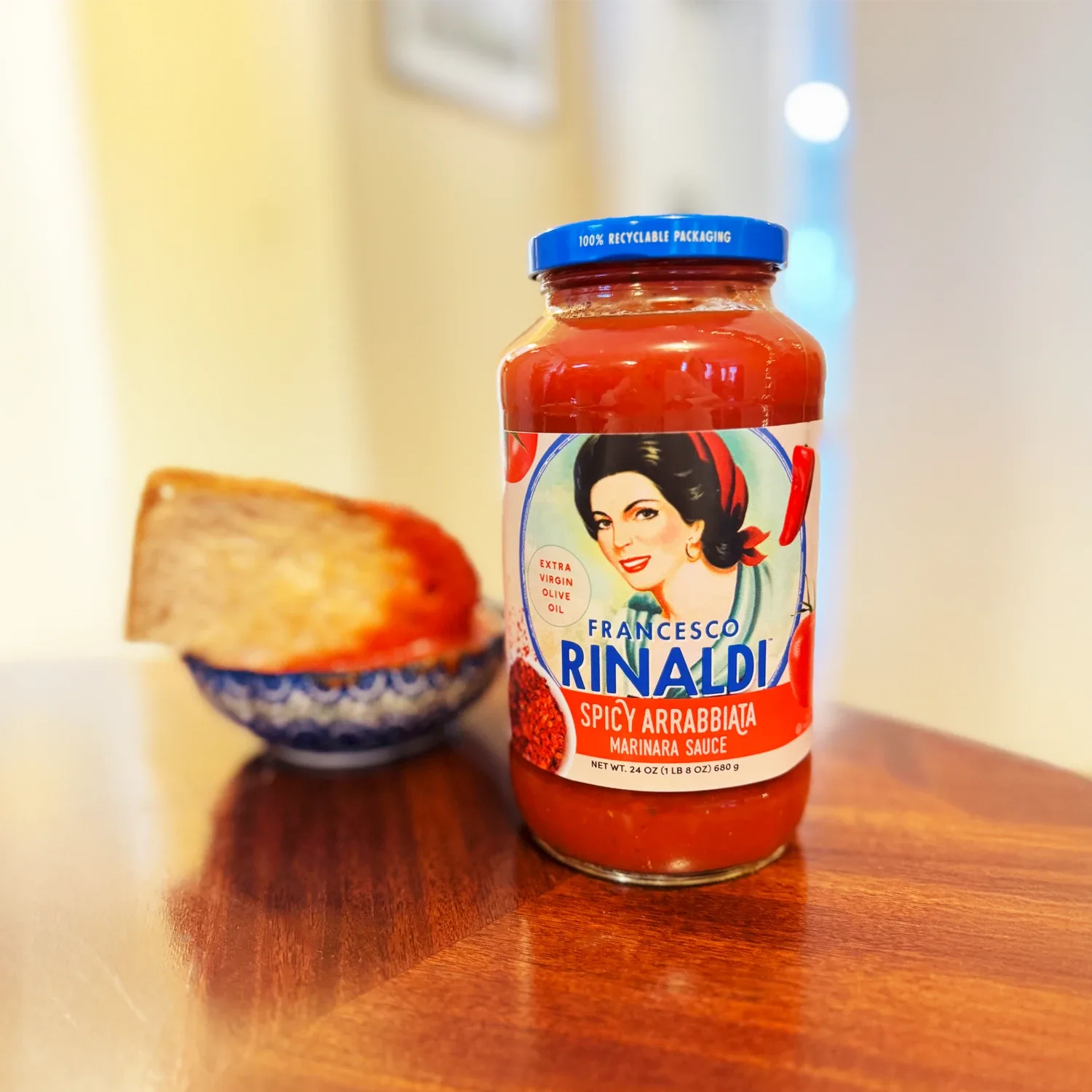 Jar of Francesco Rinaldi Spicy Arrabbiata sauce for dipping.