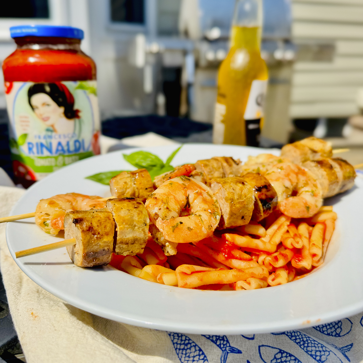 Sausage and Shrimp Skewers with Tomato & Basil Francesco Rinaldi red sauce.